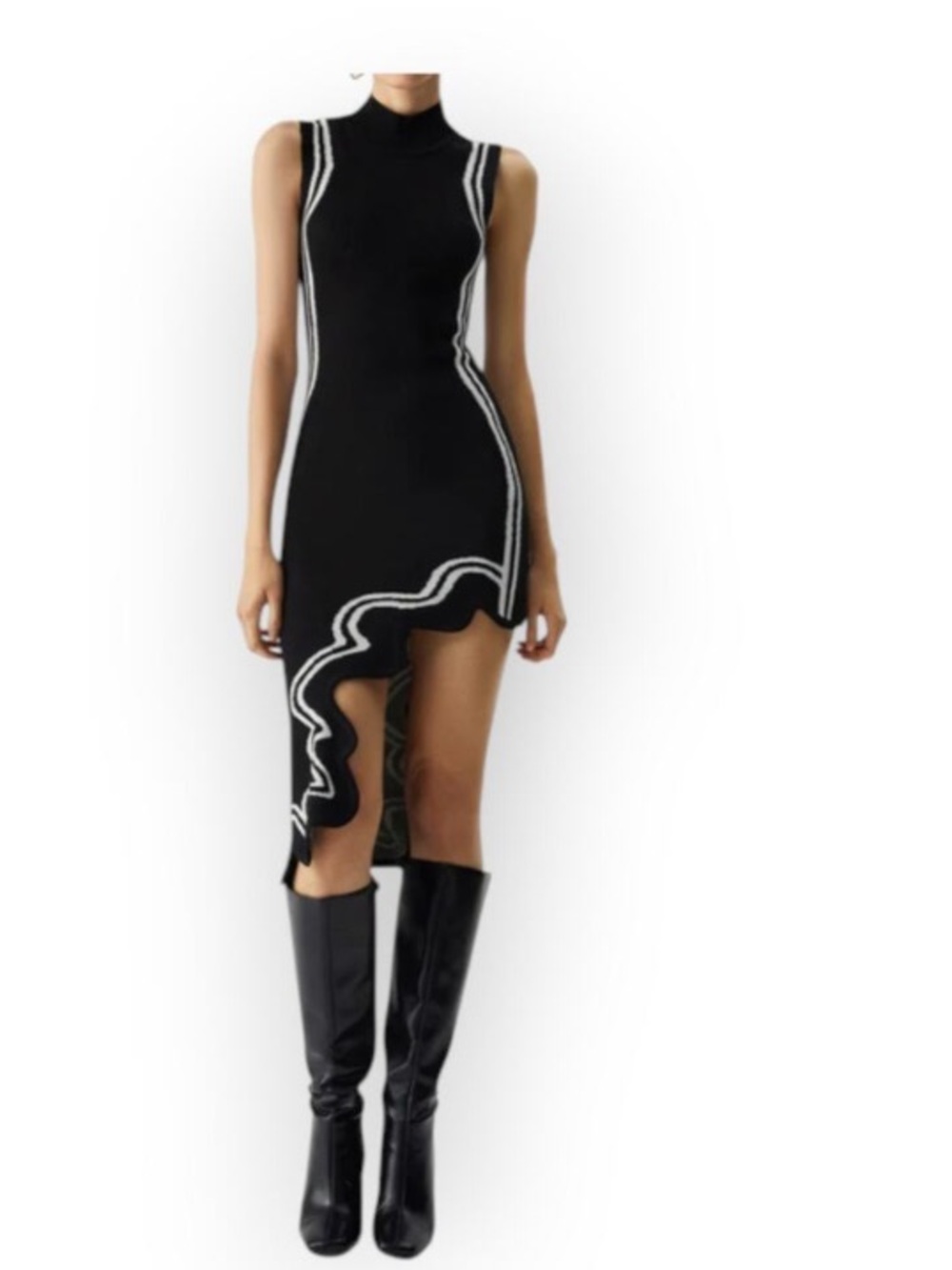 Commense Sculptural Knit Midi Dress Mock Neck Black White Trim NWT L Euro Chic